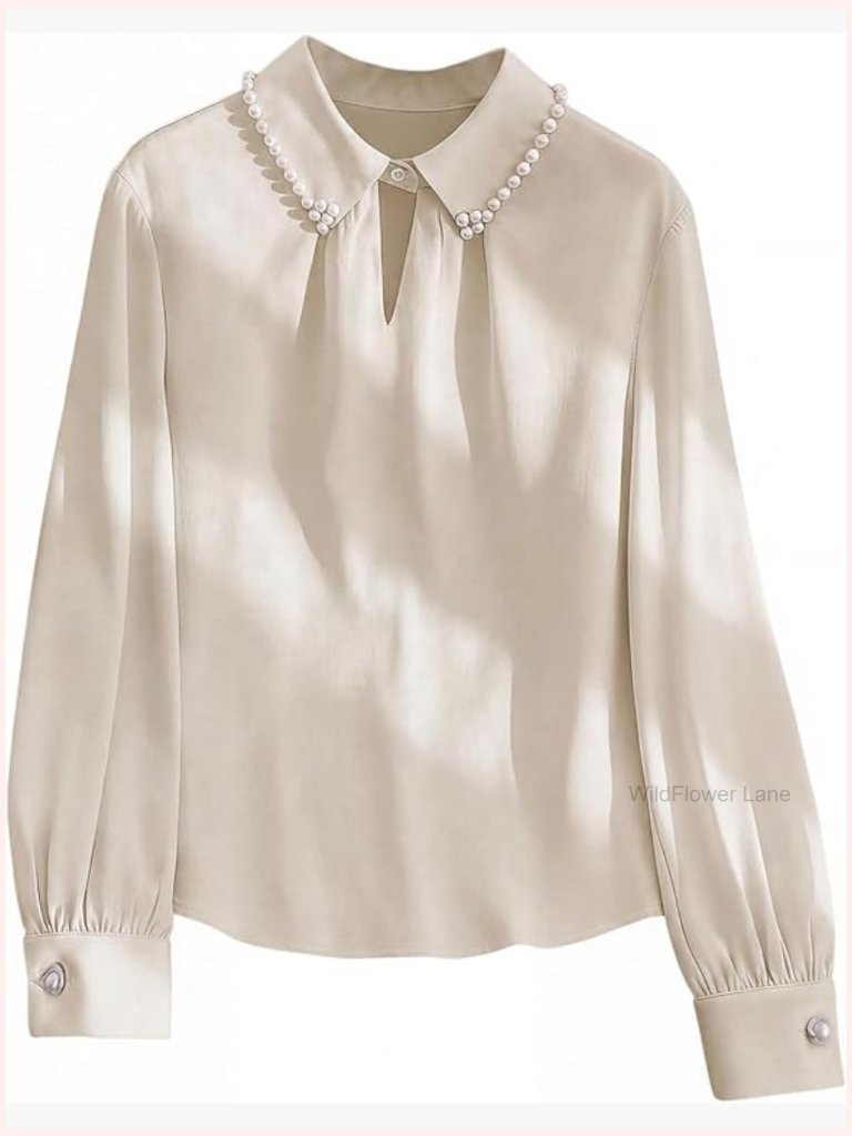 Long Sleeve Blouse With Pearl Beaded Collar Office Dressy Casual Top